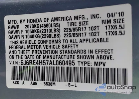 2010 Honda Cr-V Ex z USA, uszkodzony, nr VIN 5J6RE4H57AL060495